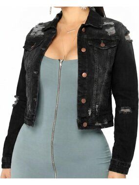 Women's Black Denim Fall Long Sleeve Classic Distressed Butterfly Jean Jackets